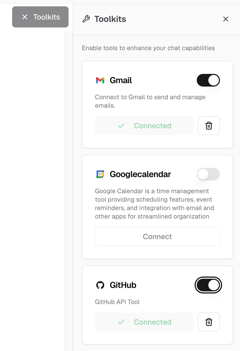 Toolkits list with connection status